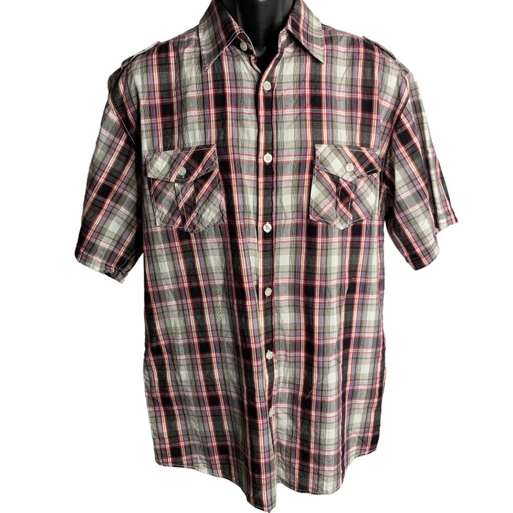 Concept Eddie Domani Button Up Shirt L White Red Plaid Short Sleeves Pockets